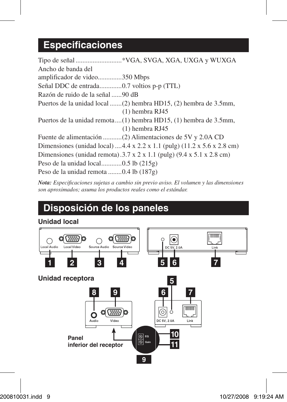 Especificaciones, Disposición de los paneles | Tripp Lite VGA Over Cat5 Extender with Audio B130-101A User Manual | Page 9 / 20