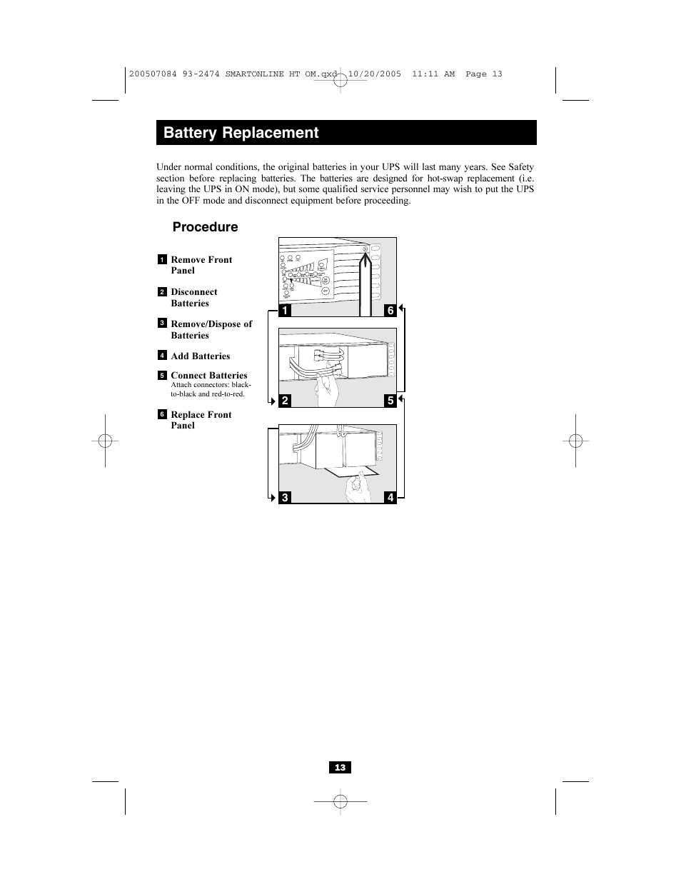 Battery replacement, Procedure | Tripp Lite Audio/Video On-Line UPS System User Manual | Page 13 / 16