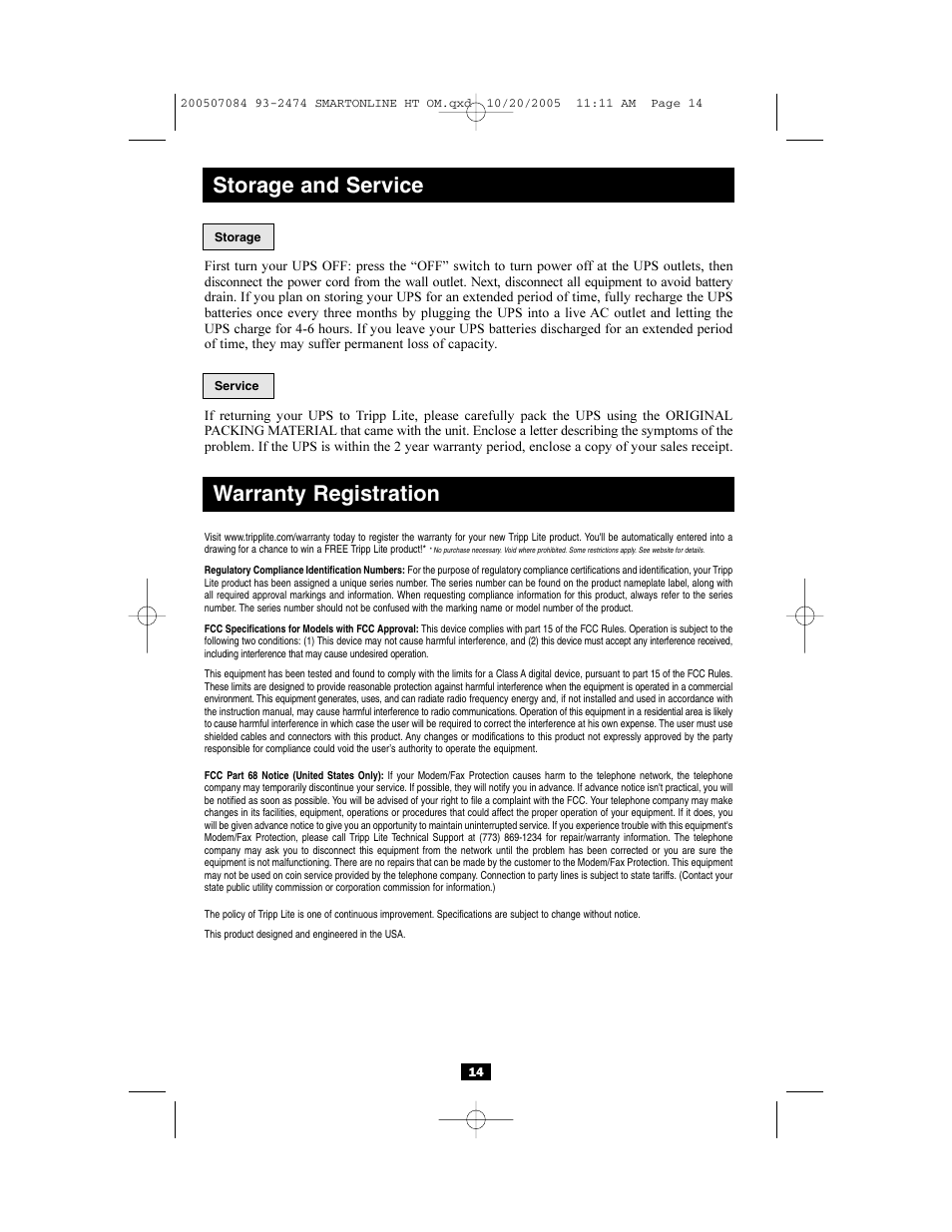 Storage and service, Warranty registration | Tripp Lite Audio/Video On-Line UPS System User Manual | Page 14 / 16