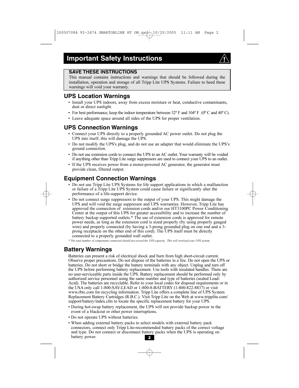 Important safety instructions, Ups location warnings, Ups connection warnings | Equipment connection warnings, Battery warnings | Tripp Lite Audio/Video On-Line UPS System User Manual | Page 2 / 16