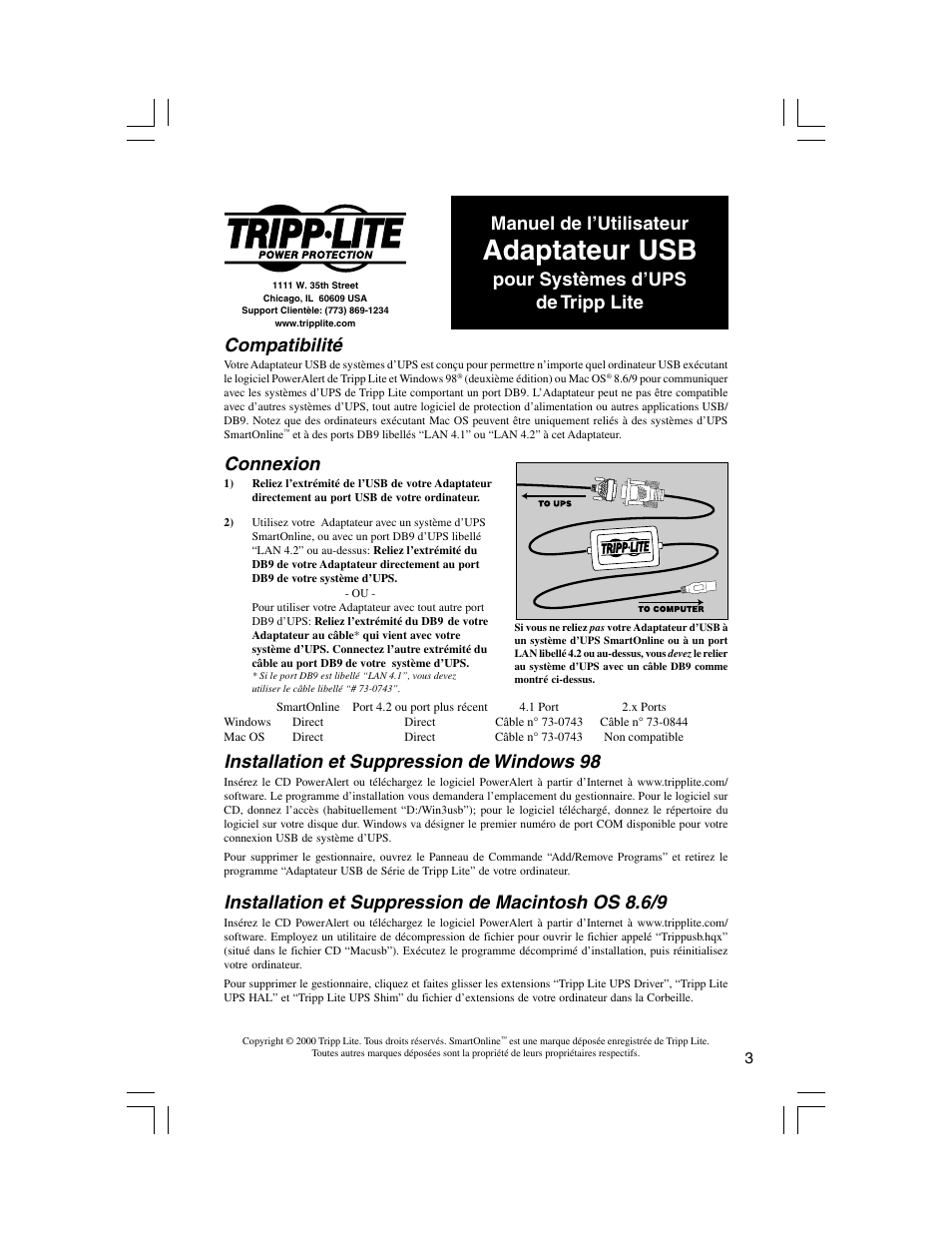 Adaptateur usb, Connexion, Installation et suppression de windows 98 | Installation et suppression de macintosh os 8.6/9, Compatibilité, Manuel de l’utilisateur, Pour systèmes d’ups de tripp lite | Tripp Lite UPS USB Adapter User Manual | Page 3 / 4
