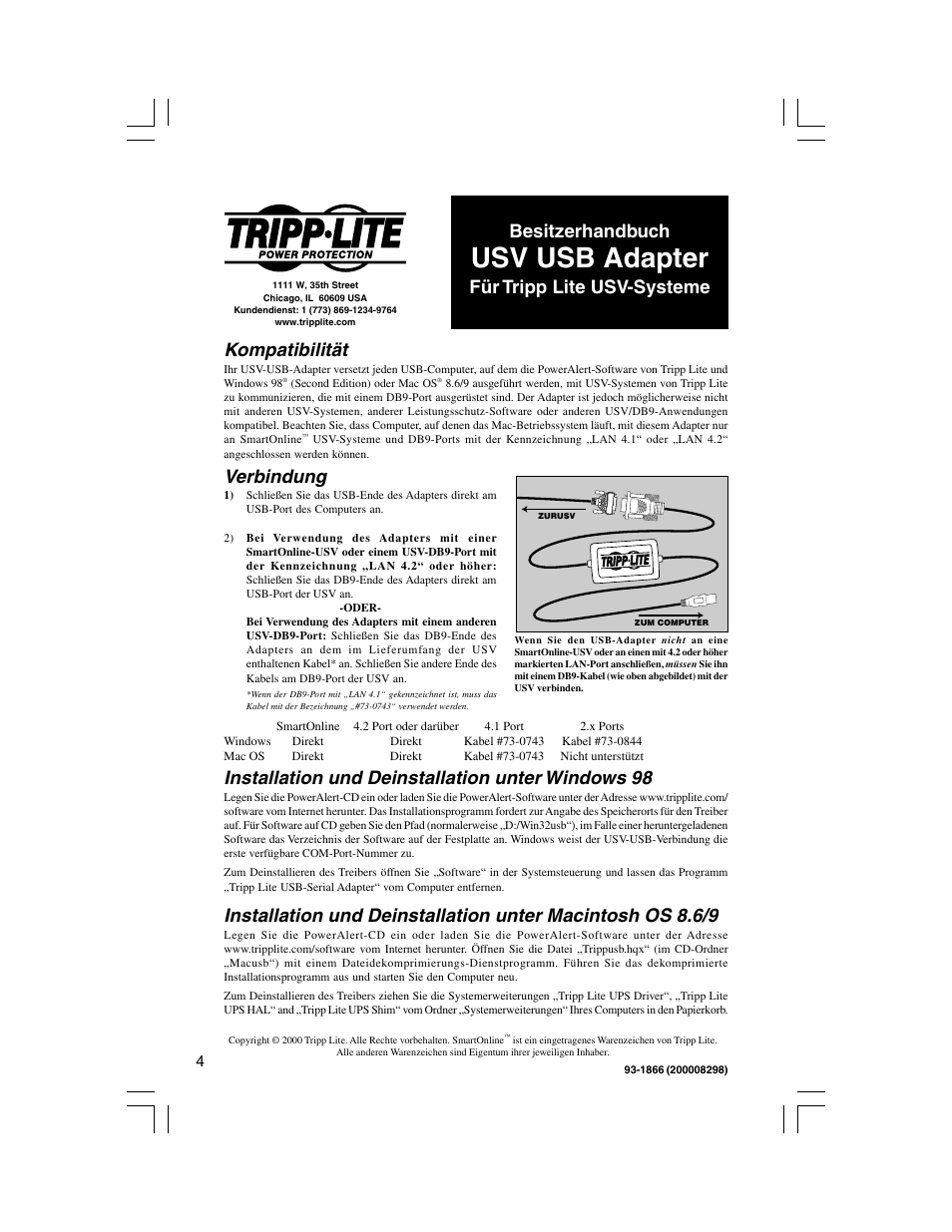 Usv usb adapter, Verbindung, Installation und deinstallation unter windows 98 | Kompatibilität, Besitzerhandbuch, Für tripp lite usv-systeme | Tripp Lite UPS USB Adapter User Manual | Page 4 / 4