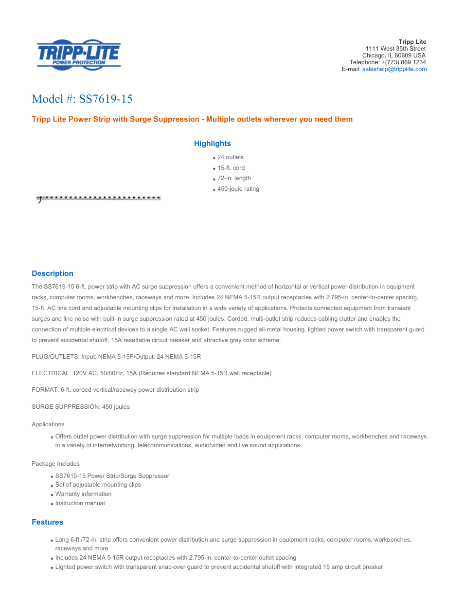 Tripp Lite SS7619-15 User Manual | 3 pages