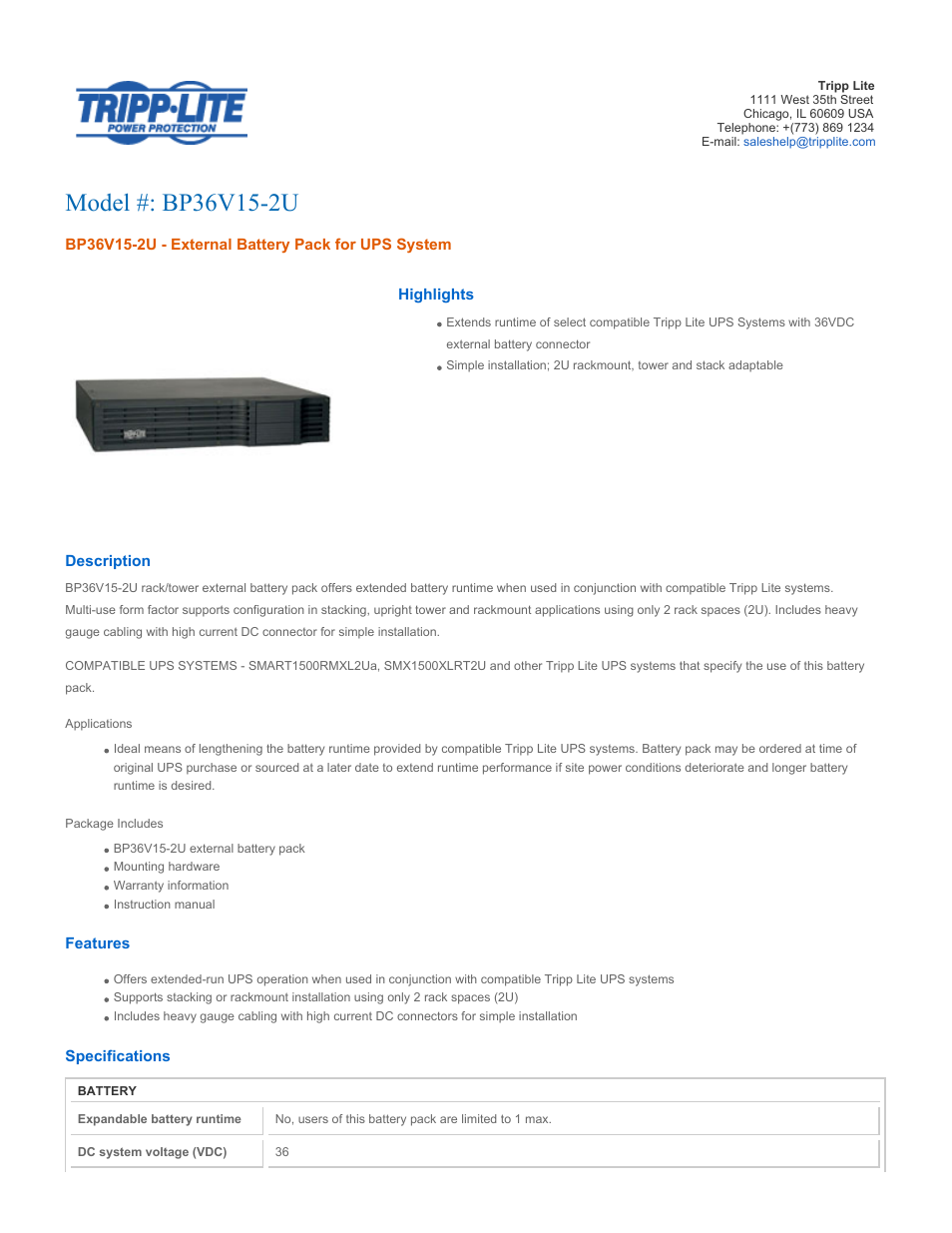 Tripp Lite BP36V15-2U User Manual | 2 pages