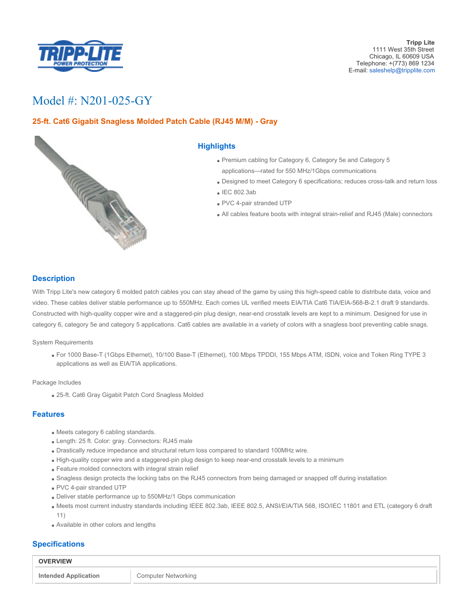 Tripp Lite N201-025-GY User Manual | 3 pages