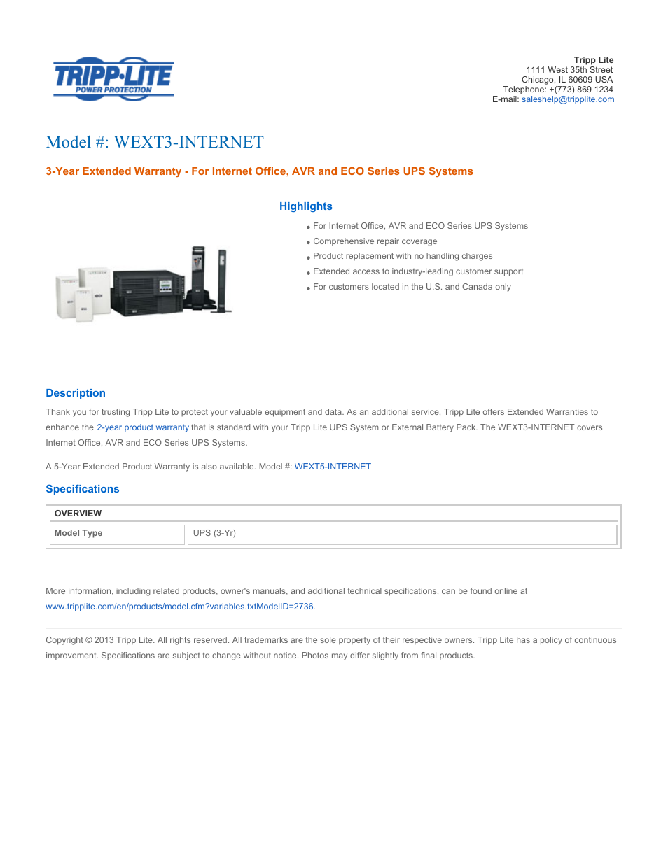 Tripp Lite WEXT3-INTERNET User Manual | 2 pages