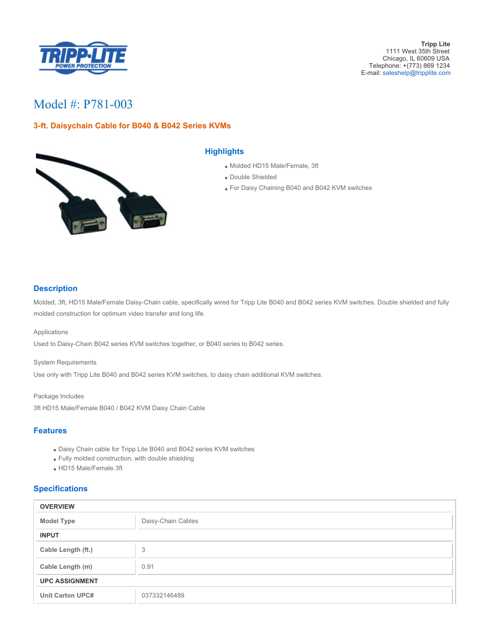 Tripp Lite P781-003 User Manual | 2 pages