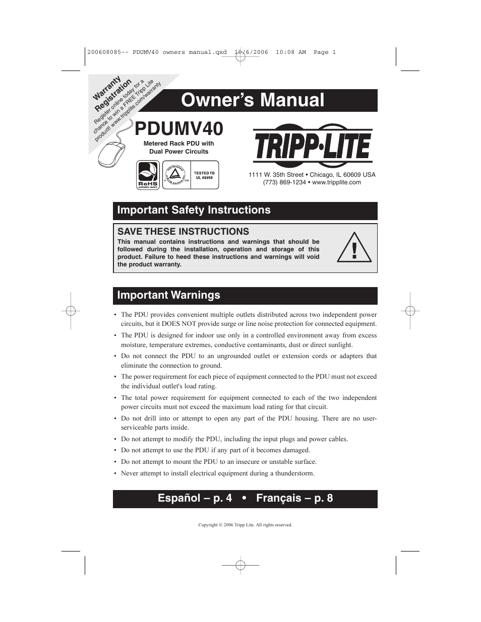 Tripp Lite TRIPP.LITE PDUMV40 User Manual | 12 pages