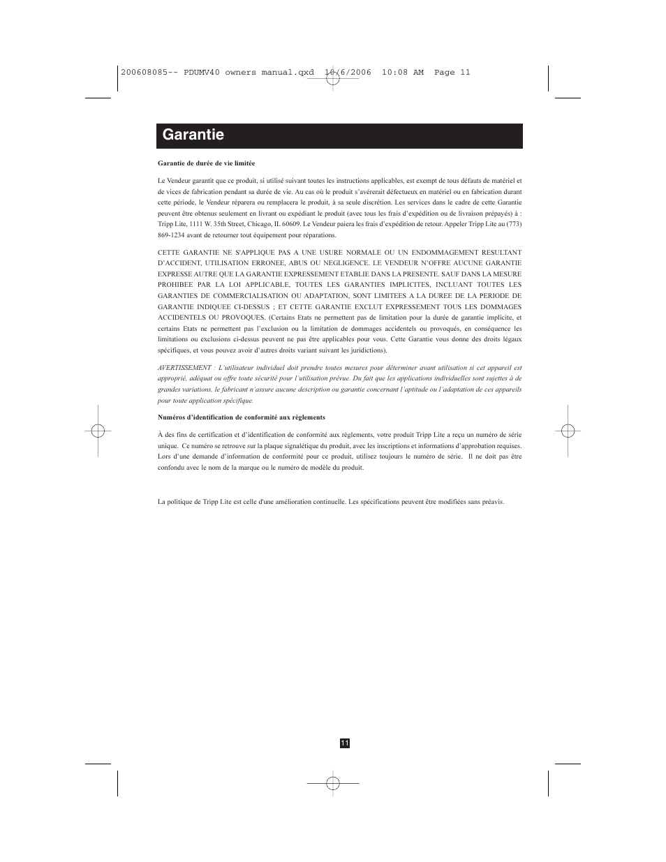 Garantie | Tripp Lite TRIPP.LITE PDUMV40 User Manual | Page 11 / 12