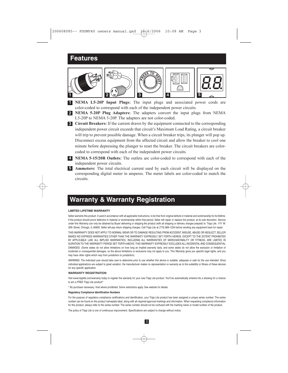 Features, Warranty & warranty registration | Tripp Lite TRIPP.LITE PDUMV40 User Manual | Page 3 / 12