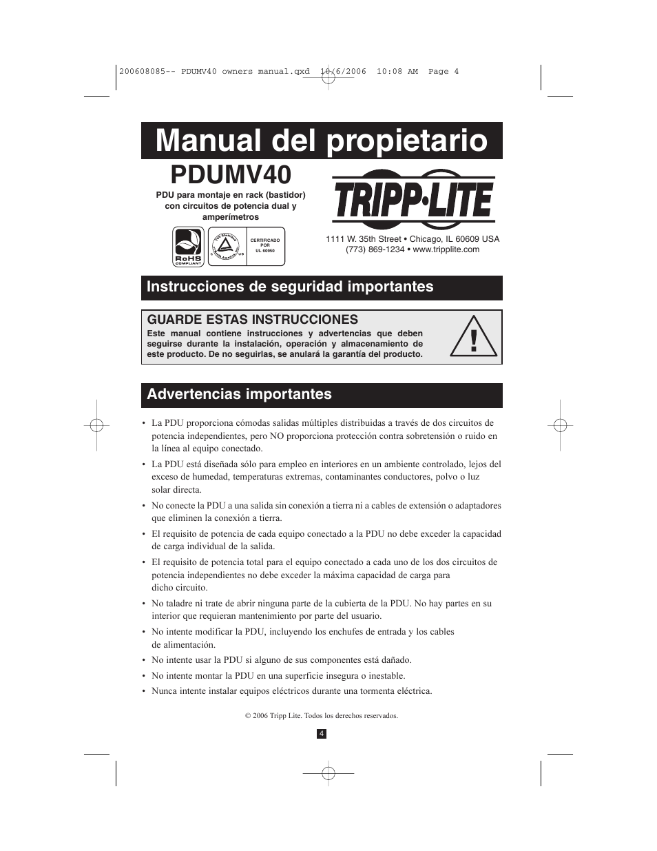 Manual del propietario, Pdumv40, Instrucciones de seguridad importantes | Advertencias importantes | Tripp Lite TRIPP.LITE PDUMV40 User Manual | Page 4 / 12
