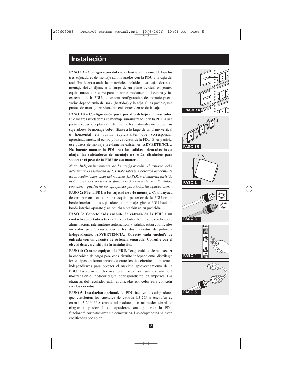 Instalación | Tripp Lite TRIPP.LITE PDUMV40 User Manual | Page 5 / 12