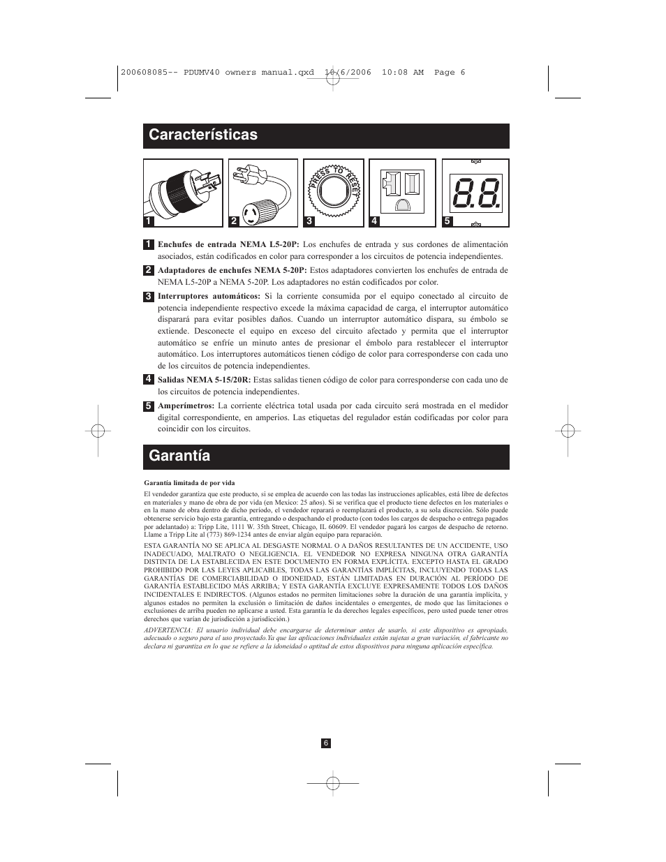 Características, Garantía | Tripp Lite TRIPP.LITE PDUMV40 User Manual | Page 6 / 12