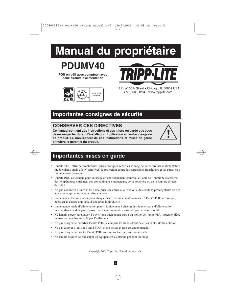 Manual du propriétaire, Pdumv40, Importantes consignes de sécurité | Importantes mises en garde, Conserver ces directives | Tripp Lite TRIPP.LITE PDUMV40 User Manual | Page 8 / 12
