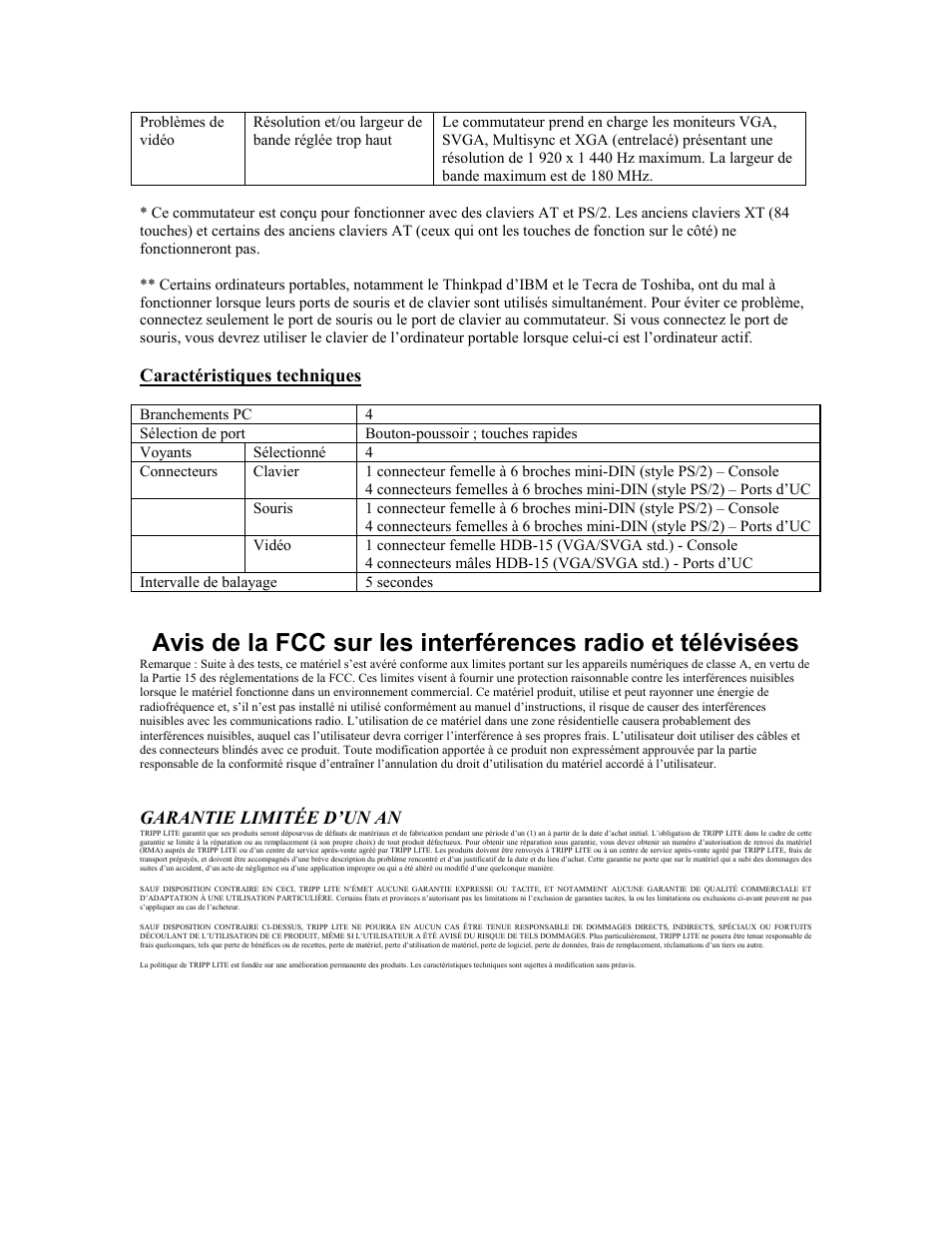 Caractéristiques techniques, Avis de la fcc sur les interférences radio et té, Garantie limitée d’un an | Tripp Lite B005-004-R User Manual | Page 10 / 26
