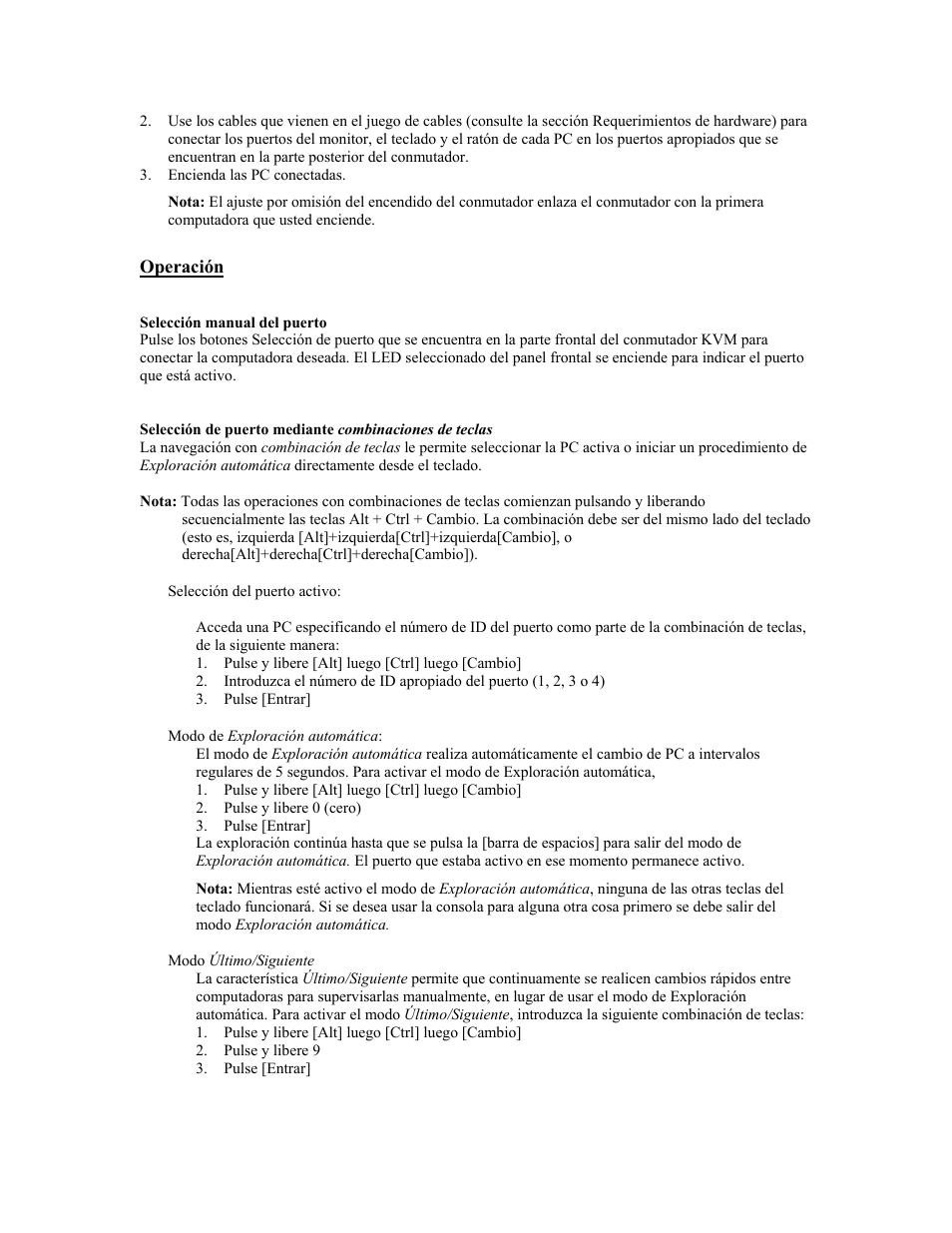 Operación, Selección manual del puerto, Selección de puerto mediante combinaciones de te | Tripp Lite B005-004-R User Manual | Page 13 / 26