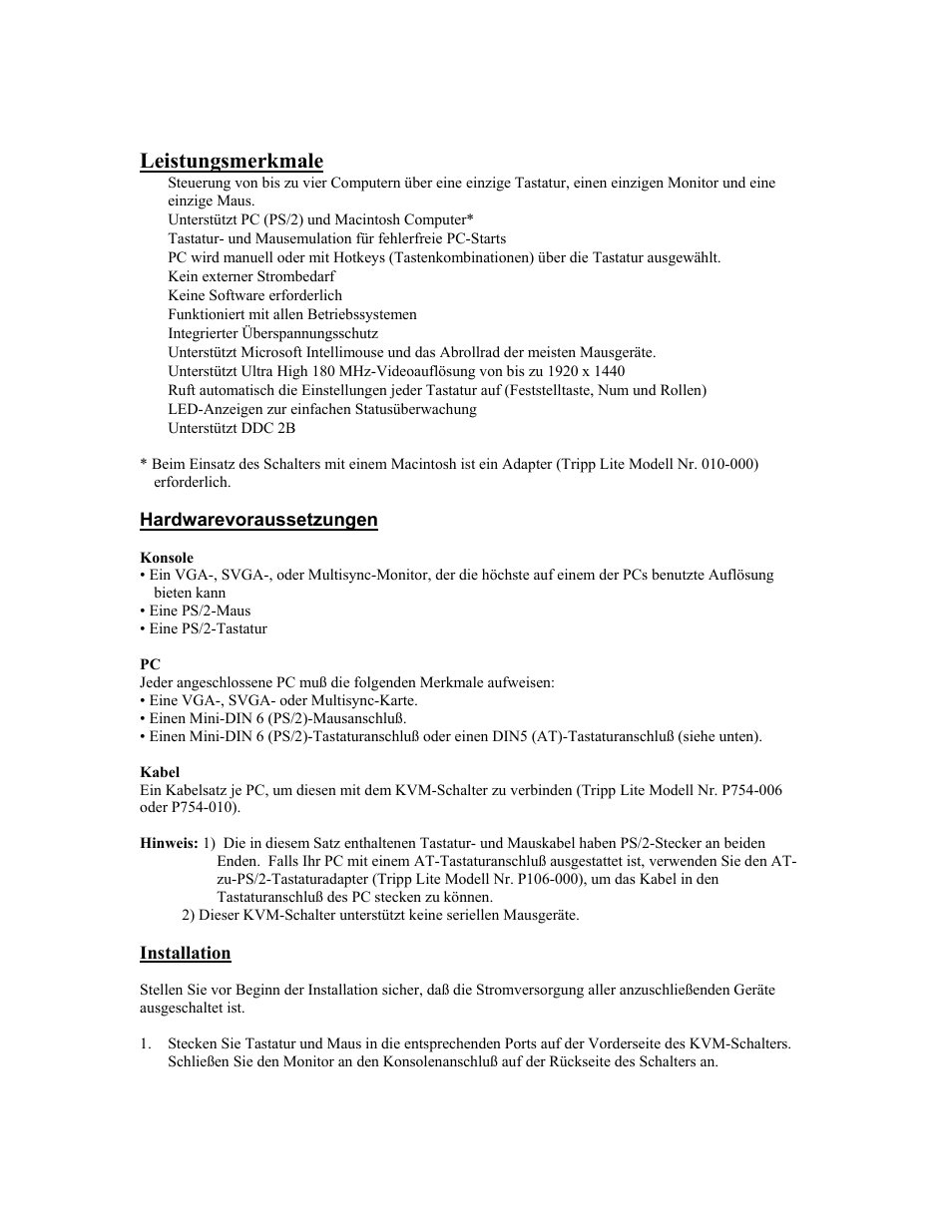 Leistungsmerkmale, Hardwarevoraussetzungen, Jeder angeschlossene pc muß die folgenden merkma | Installation | Tripp Lite B005-004-R User Manual | Page 18 / 26