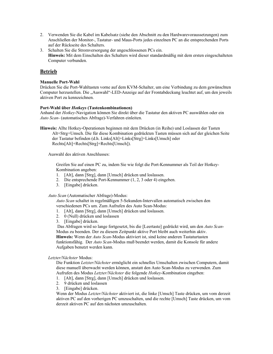 Betrieb, Manuelle port-wahl, Port-wahl über hotkeys \(tastenkombinationen\) | Tripp Lite B005-004-R User Manual | Page 19 / 26