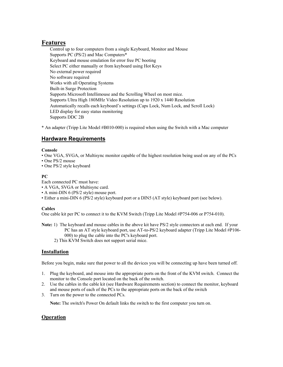 Features, Hardware requirements, Each connected pc must have | Installation, Operation | Tripp Lite B005-004-R User Manual | Page 2 / 26