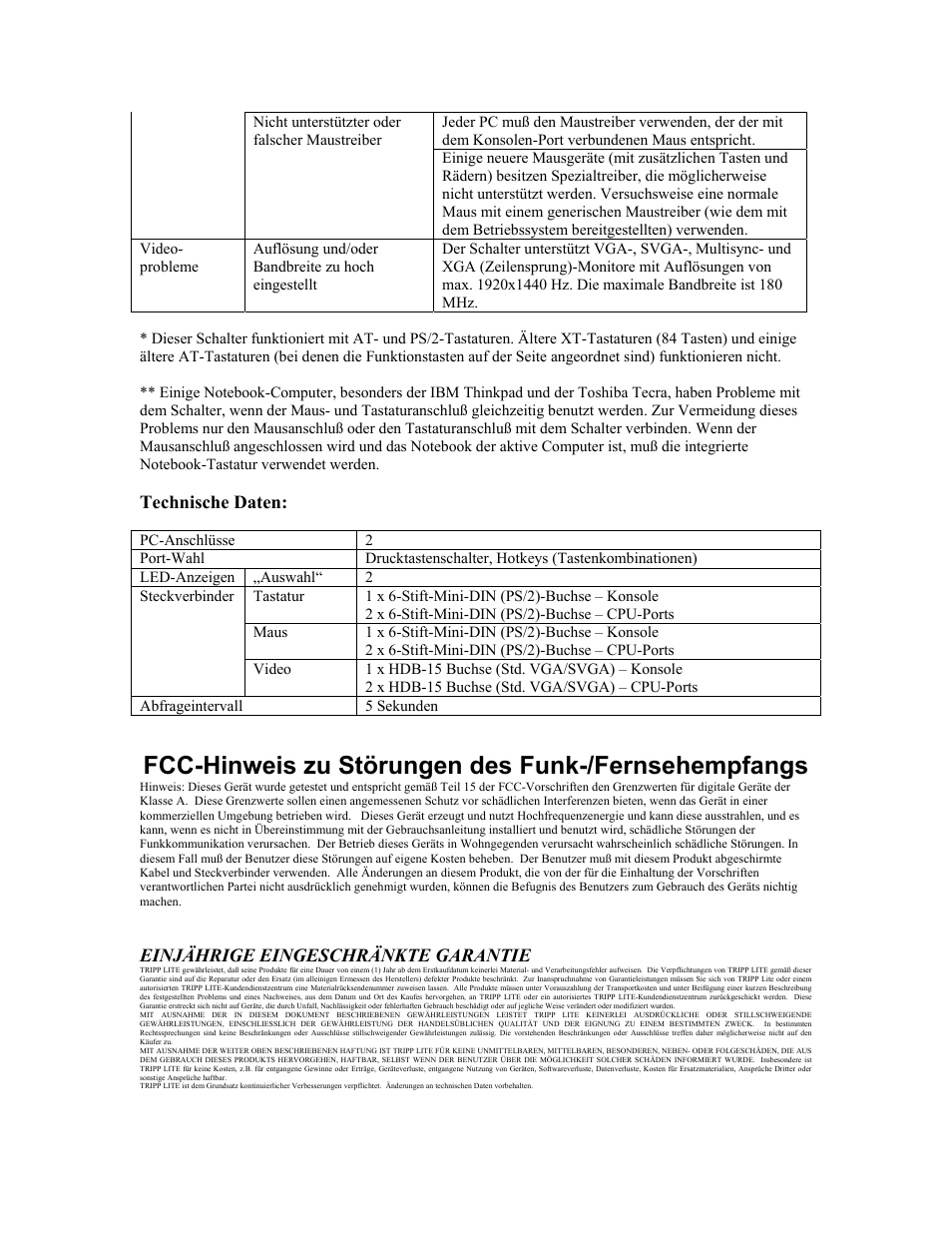 Technische daten, Fcc-hinweis zu störungen des funk-/fernsehempfan, Fcc-hinweis zu störungen des funk-/fernsehempfangs | Tripp Lite B005-004-R User Manual | Page 21 / 26