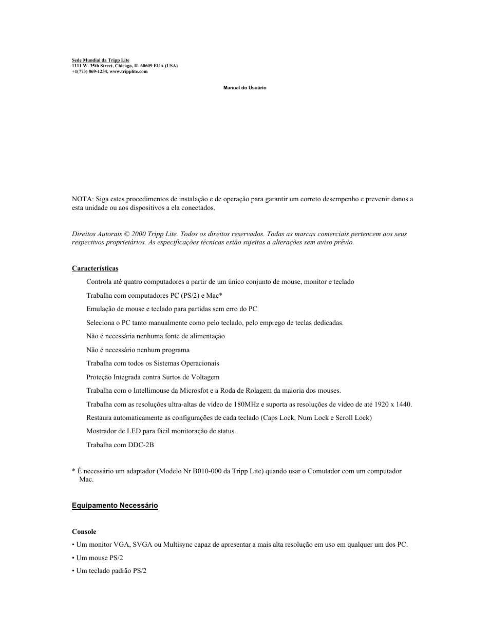 Manual do usuário, Modelo nr: b005-004-r, Características | Equipamento necessário | Tripp Lite B005-004-R User Manual | Page 22 / 26