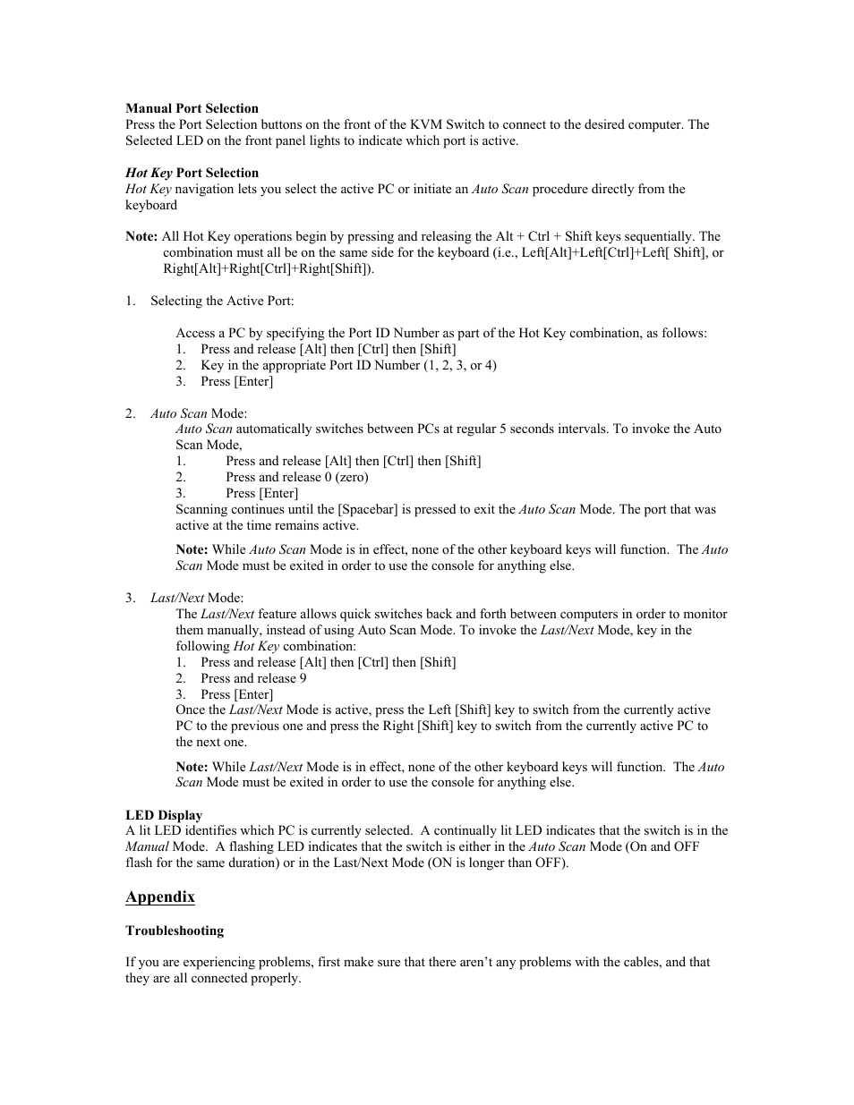 Manual port selection, Hot key port selection, Led display | Appendix | Tripp Lite B005-004-R User Manual | Page 3 / 26