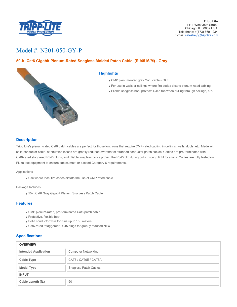 Tripp Lite Gray Cat6 Gigabit Plenum Snagless Patch Cord N201-050-GY-P User Manual | 2 pages