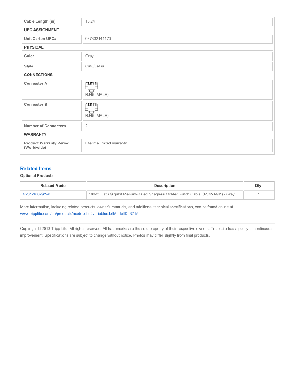 Tripp Lite Gray Cat6 Gigabit Plenum Snagless Patch Cord N201-050-GY-P User Manual | Page 2 / 2