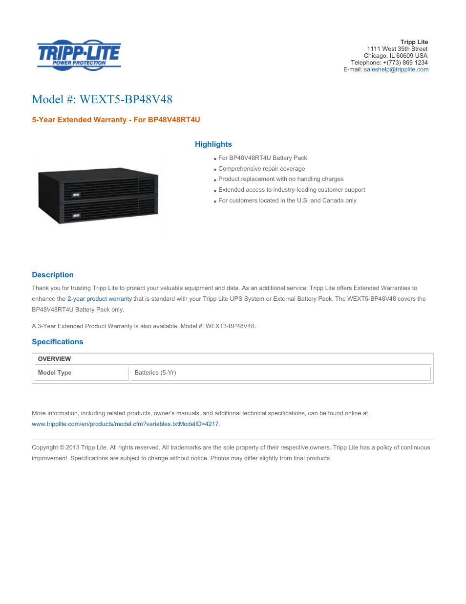 Tripp Lite WEXT5-BP48V48 User Manual | 2 pages