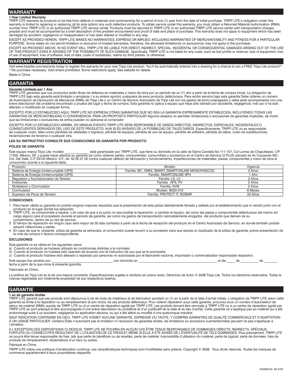 Warranty, Warranty registration, Garantia | Garantie | Tripp Lite P167-000 User Manual | Page 2 / 3