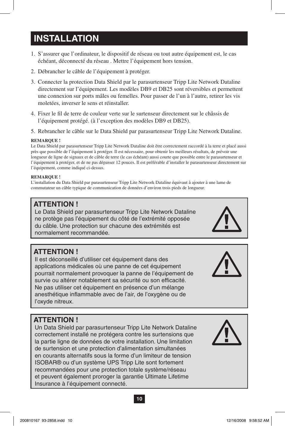 Installation, Attention | Tripp Lite Data Shield User Manual | Page 10 / 12