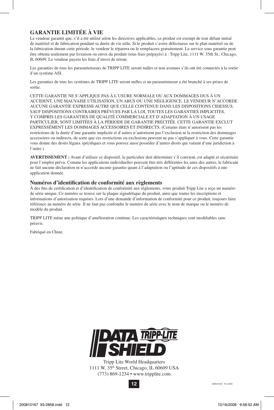 Garantie limitée à vie | Tripp Lite Data Shield User Manual | Page 12 / 12