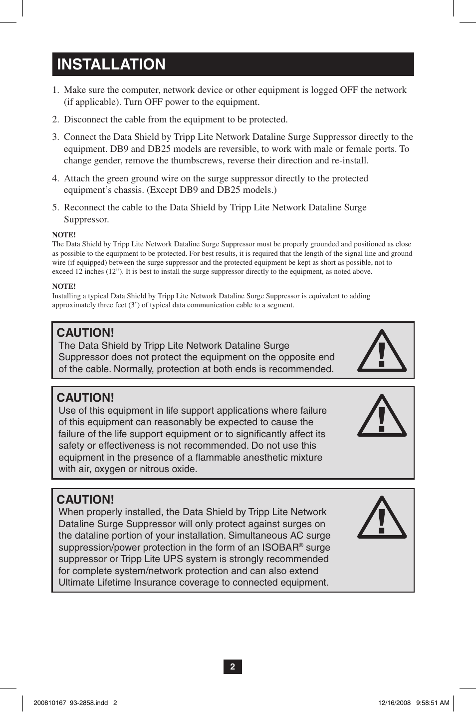 Installation, Caution | Tripp Lite Data Shield User Manual | Page 2 / 12