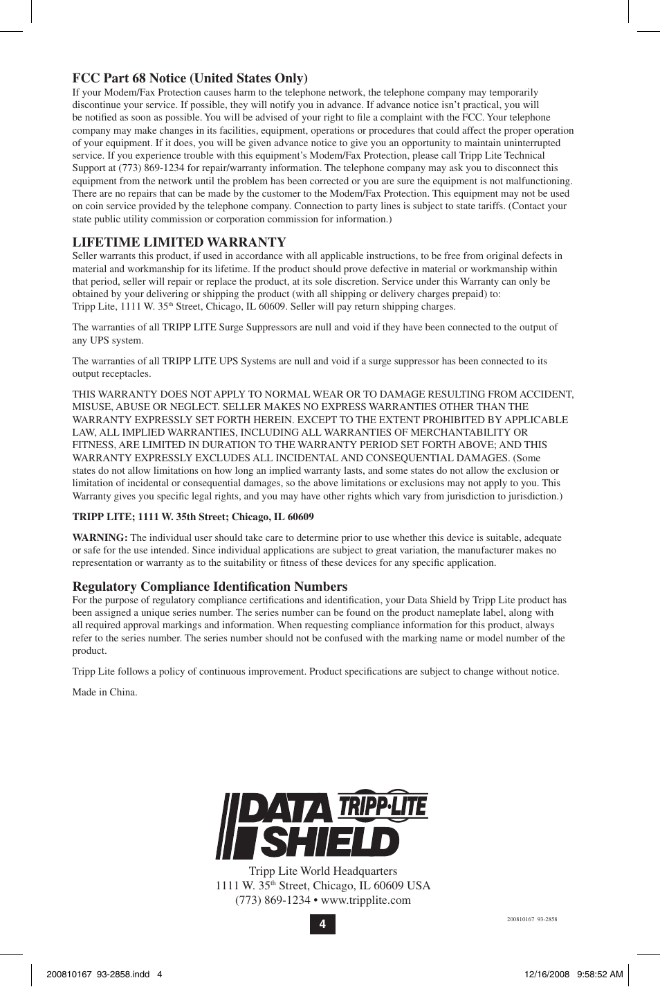 Fcc part 68 notice (united states only), Lifetime limited warranty, Regulatory compliance identification numbers | Tripp Lite Data Shield User Manual | Page 4 / 12