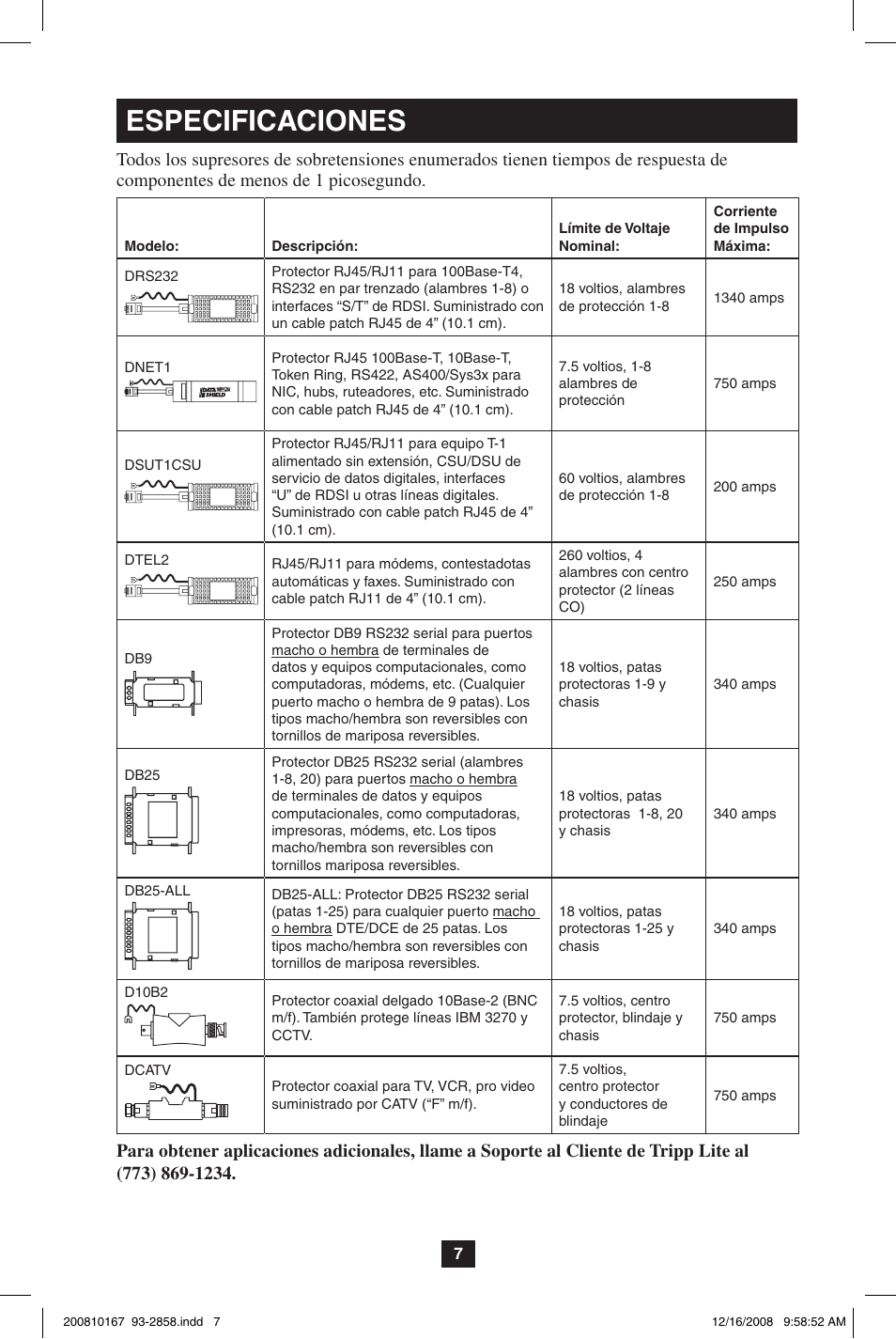 Especificaciones | Tripp Lite Data Shield User Manual | Page 7 / 12