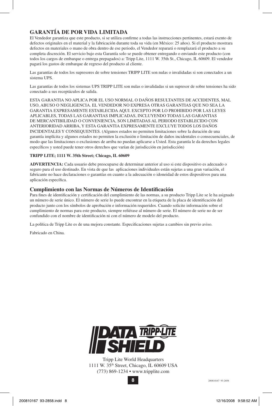 Garantía de por vida limitada | Tripp Lite Data Shield User Manual | Page 8 / 12