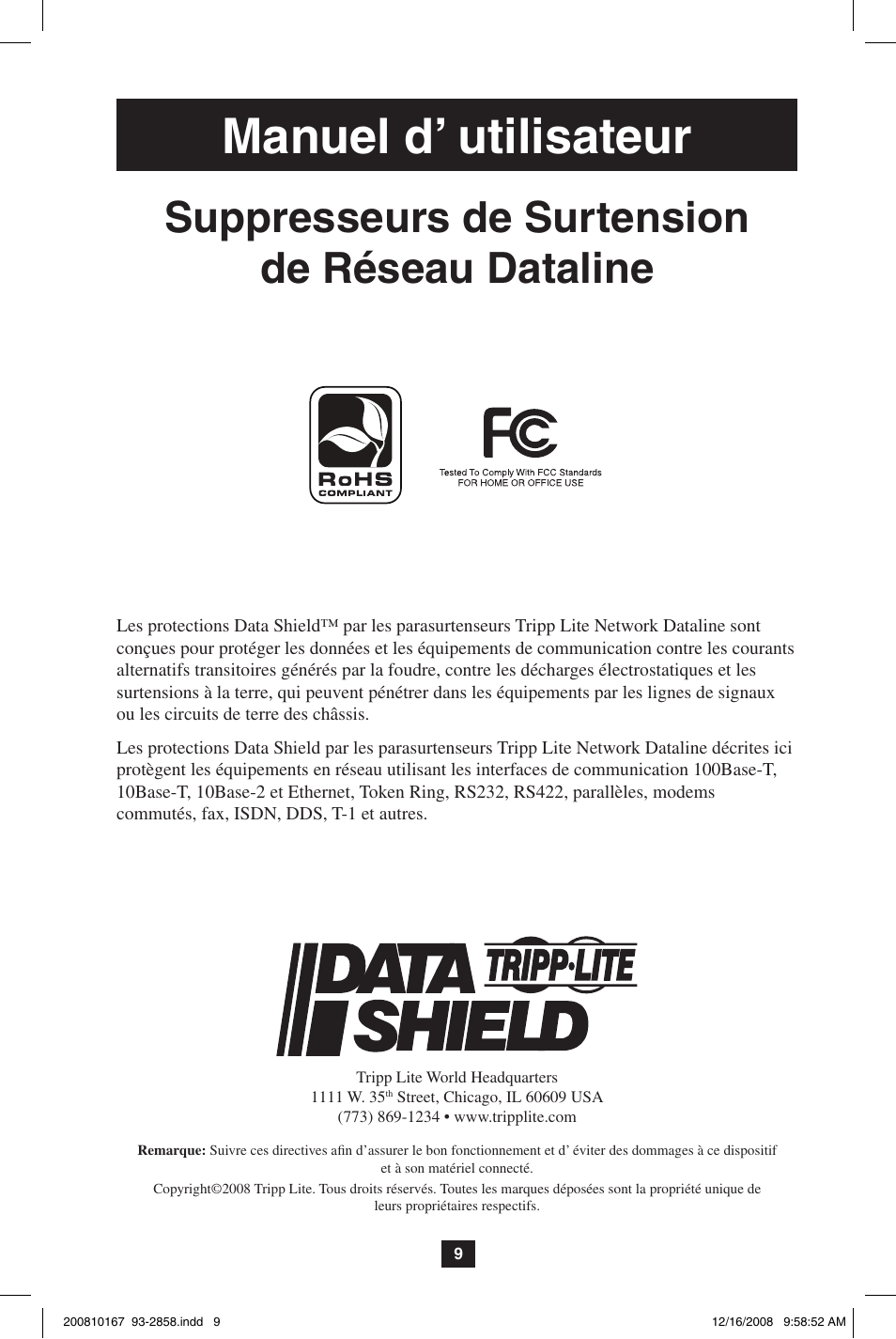 Manuel d’ utilisateur, Suppresseurs de surtension de réseau dataline | Tripp Lite Data Shield User Manual | Page 9 / 12