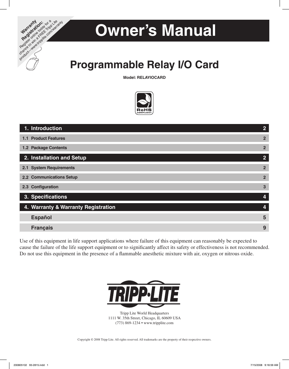 Tripp Lite RELAYIOCARD User Manual | 5 pages