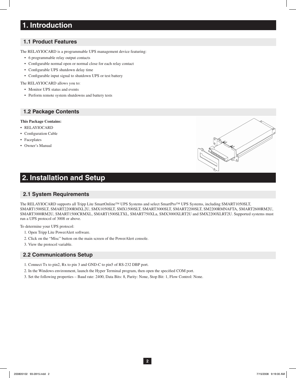 Introduction 2. installation and setup, Technical specification, Application example | Internal circuit, Programmable contacts, Power option in win 2000/xp | Tripp Lite RELAYIOCARD User Manual | Page 2 / 5