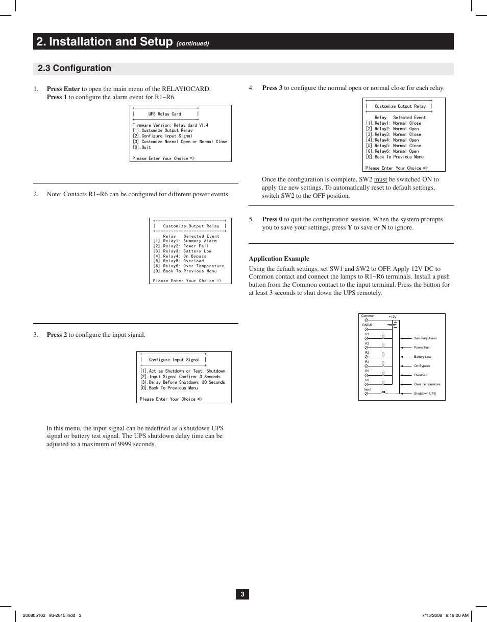 Installation and setup, 3 configuration, Technical specification | Application example, Internal circuit, Programmable contacts, Power option in win 2000/xp | Tripp Lite RELAYIOCARD User Manual | Page 3 / 5