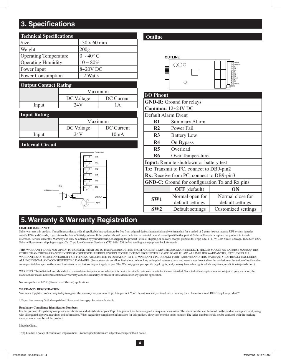 Specifications, Warranty & warranty registration, Technical specification | Application example, Internal circuit, Programmable contacts, Power option in win 2000/xp | Tripp Lite RELAYIOCARD User Manual | Page 4 / 5
