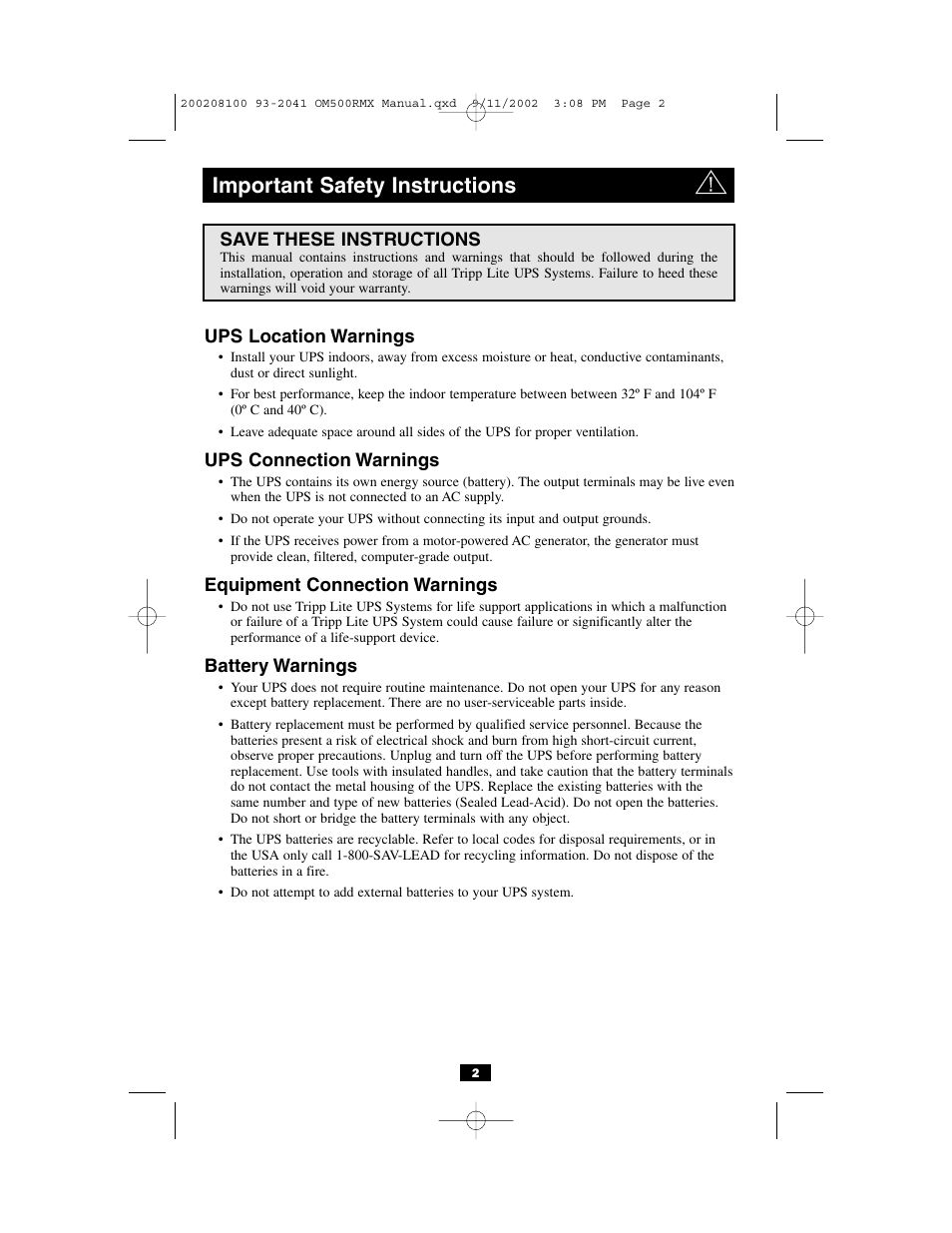 Important safety instructions | Tripp Lite OmniSmart RMX 500 VA User Manual | Page 2 / 8