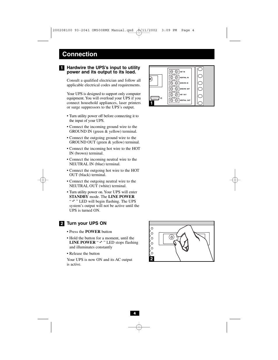 Connection | Tripp Lite OmniSmart RMX 500 VA User Manual | Page 4 / 8