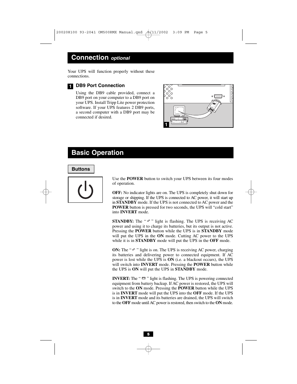 Connection, Basic operation | Tripp Lite OmniSmart RMX 500 VA User Manual | Page 5 / 8