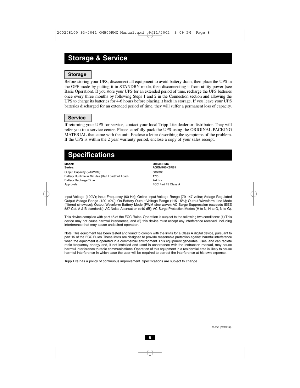 Storage & service, Specifications, Storage service | Tripp Lite OmniSmart RMX 500 VA User Manual | Page 8 / 8