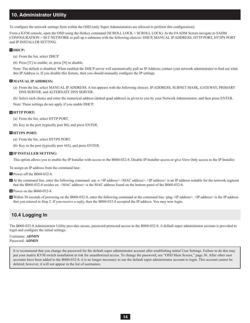 Administrator utility, 4 logging in | Tripp Lite NetDirector B060-032-8 User Manual | Page 14 / 49