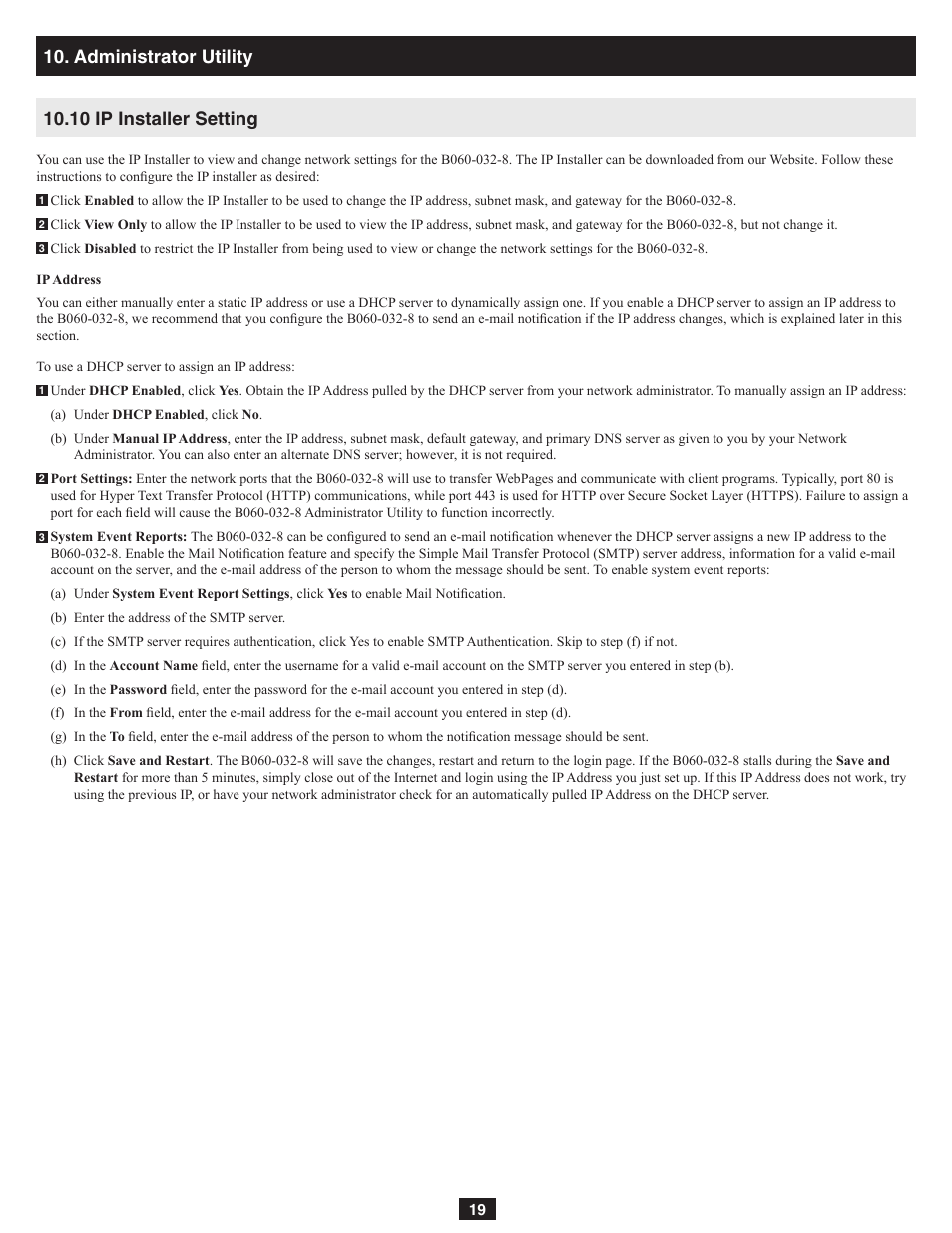 10 ip installer setting 10. administrator utility | Tripp Lite NetDirector B060-032-8 User Manual | Page 19 / 49