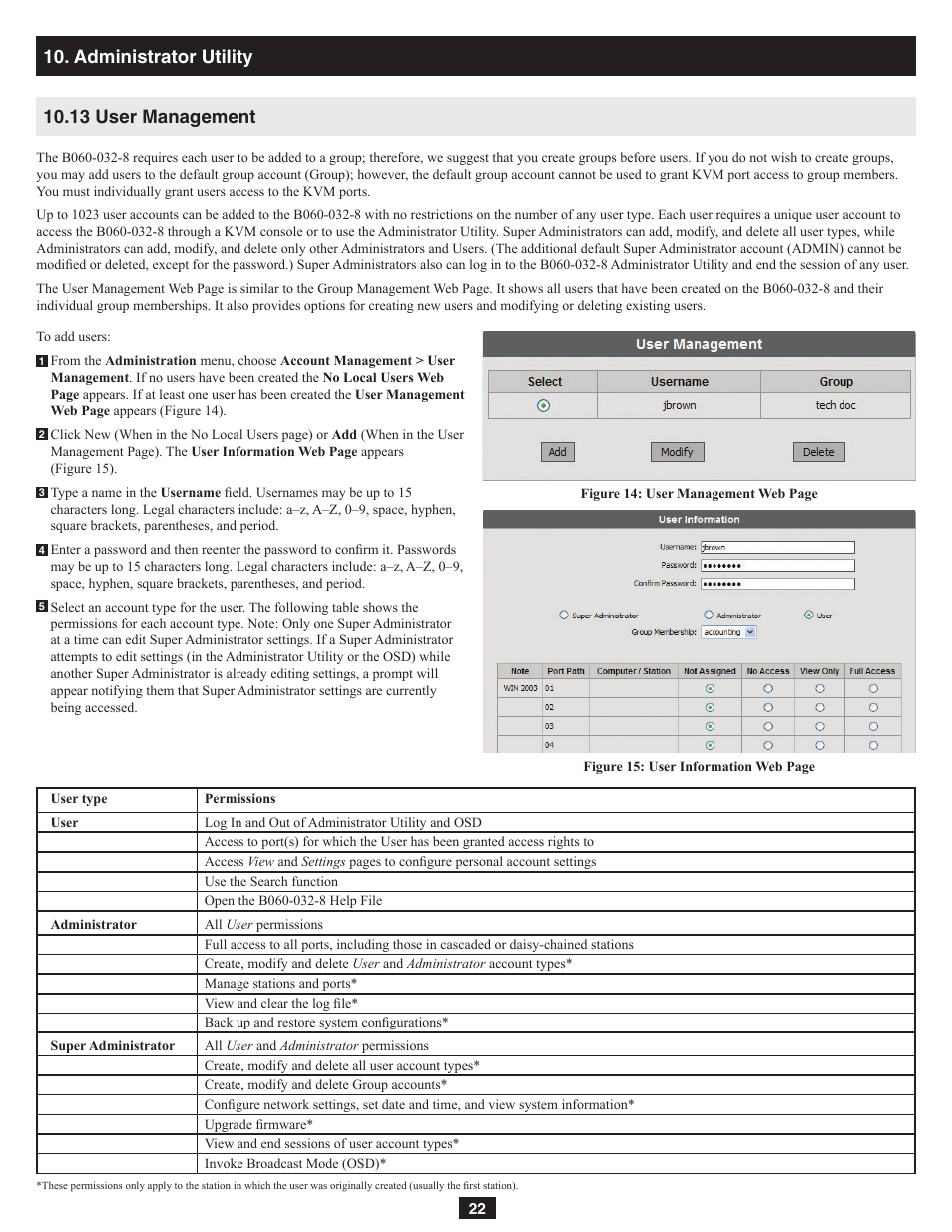 Administrator utility, 13 user management | Tripp Lite NetDirector B060-032-8 User Manual | Page 22 / 49