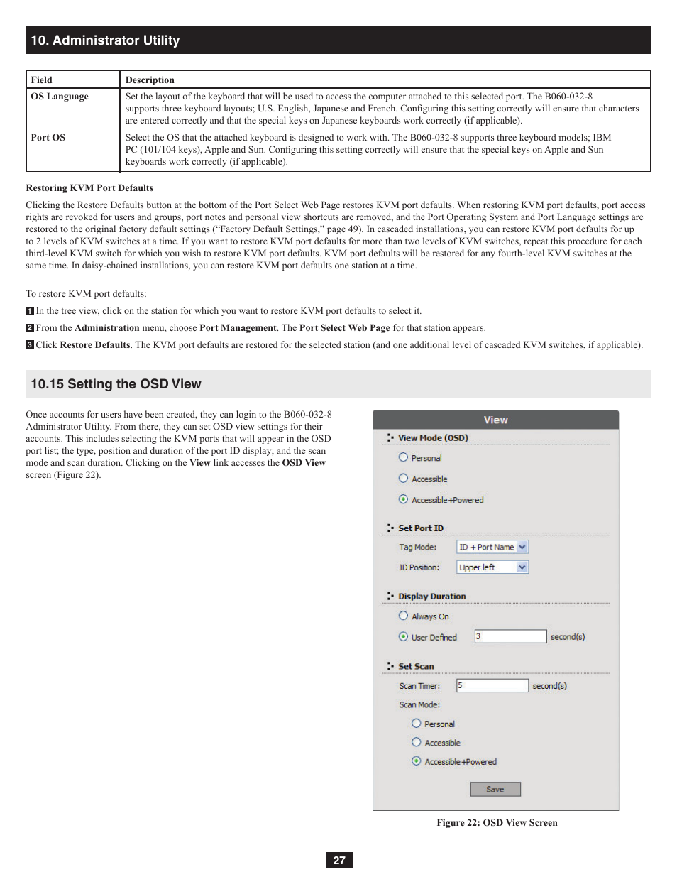 Administrator utility, 15 setting the osd view | Tripp Lite NetDirector B060-032-8 User Manual | Page 27 / 49