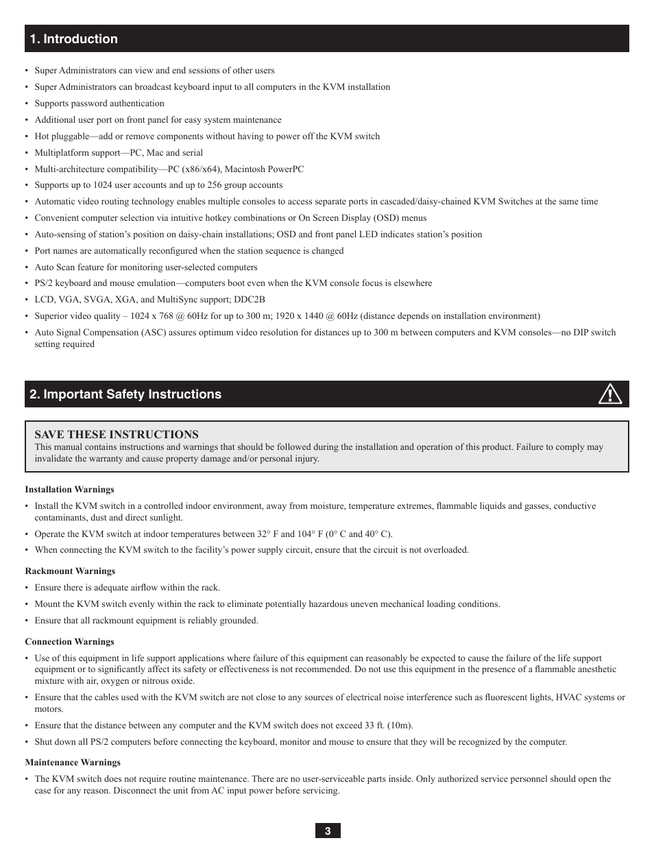 Introduction, Important safety instructions | Tripp Lite NetDirector B060-032-8 User Manual | Page 3 / 49